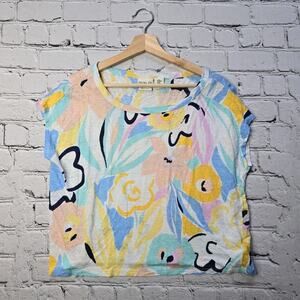 Rachel Zoe 100% Linen Abstract Floral Multicolor Short Sleeve Boxy Tshirt Sz Med